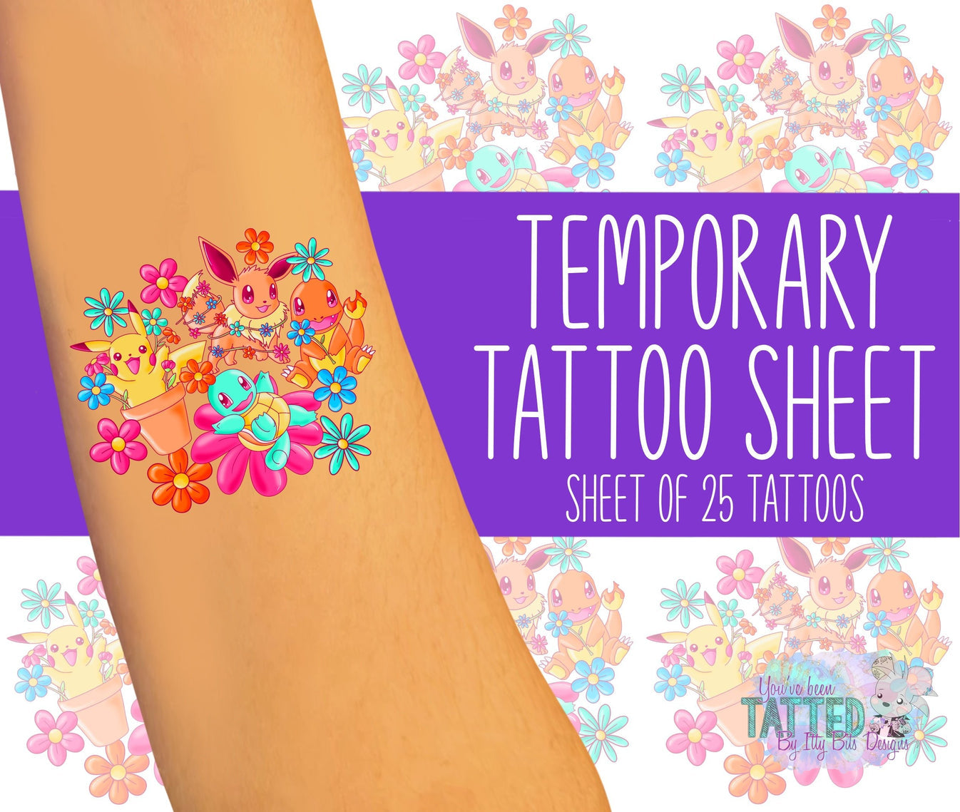 Floral PokeMonsters By ZaraRose Designs Temporary Tattoos