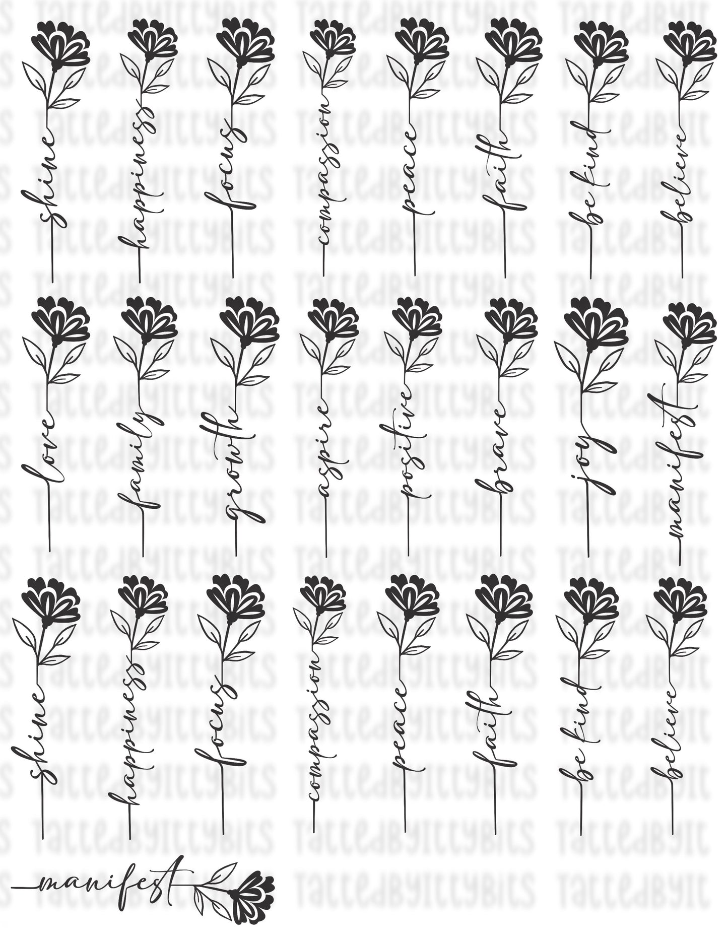 Motivational Stems Florals Temporary Tattoos