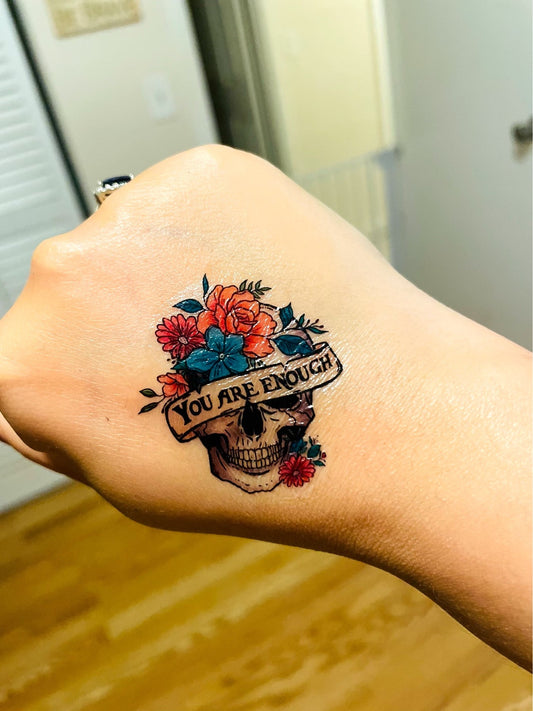 You Are Enough Floral Skull Temporary Tattoos